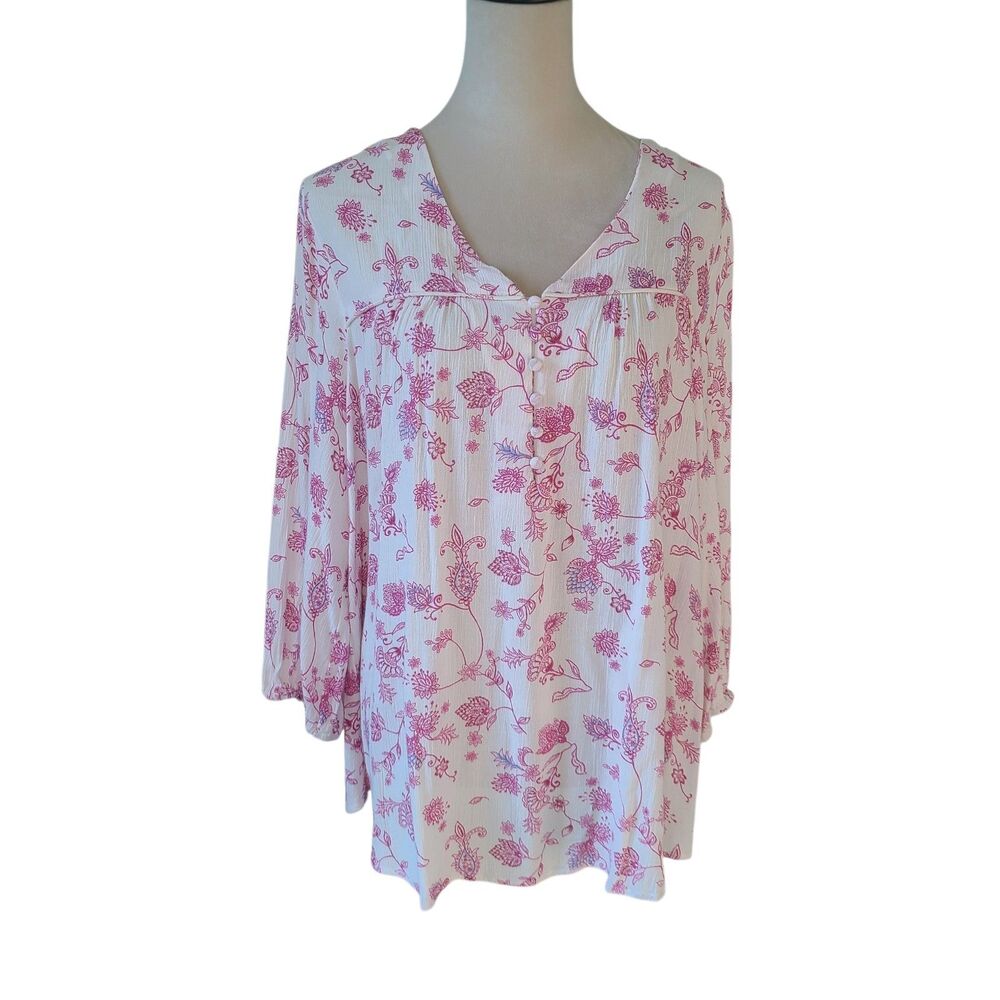 Skies Are Blue Curvy Womens 1X Pink Floral Rayon Blouse Cottagecore Bohemian